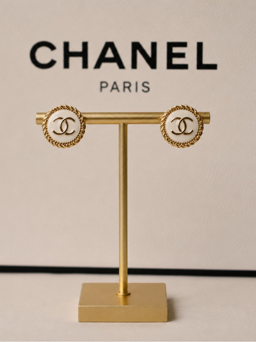 CHANEL Gold and White CC Button Stud Earrings - Picture 2 of 2